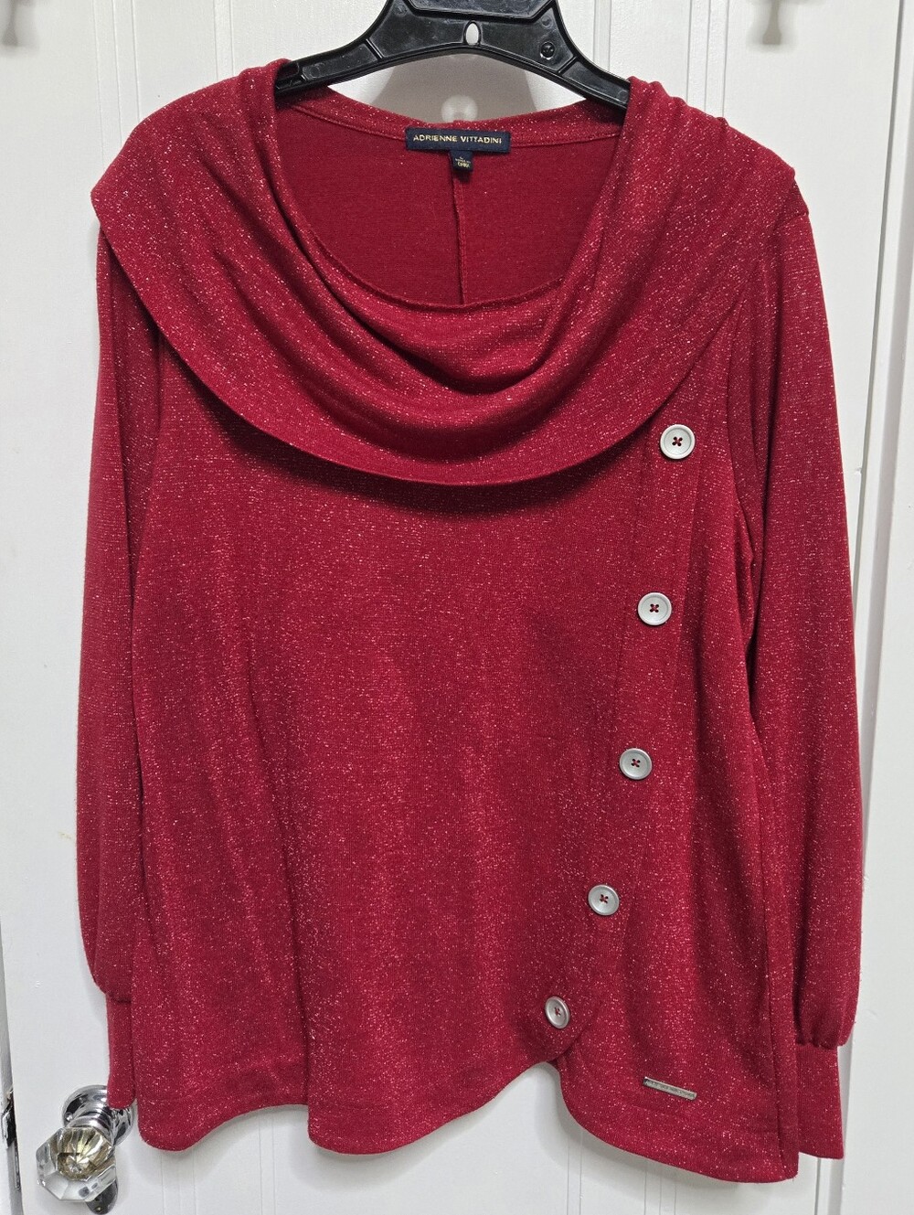 Adrienne Vittadini Shimmery Red Cowl Neck Sweater with Asymmetrical Buttons